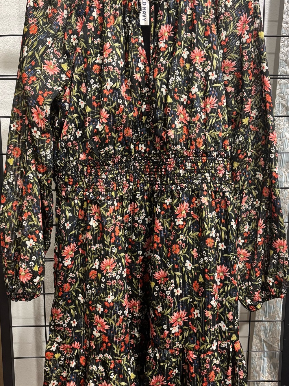 Old Navy 2X Black Floral Smocked-Waist Long Sleeve Jumpsuit